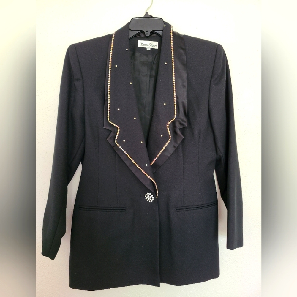 Karen Stuart Black Sparkly trim Embellished Blazer detached lapel collar Size 12